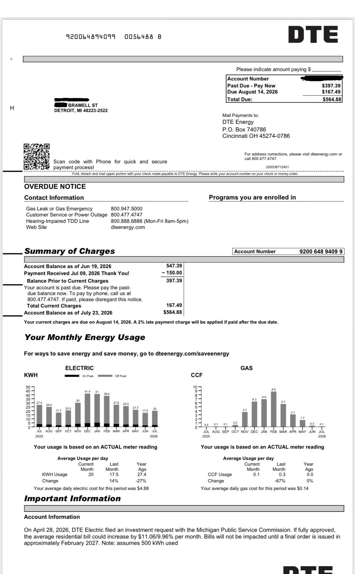DTE Energy overdue notice showing a $564.88 total balance
