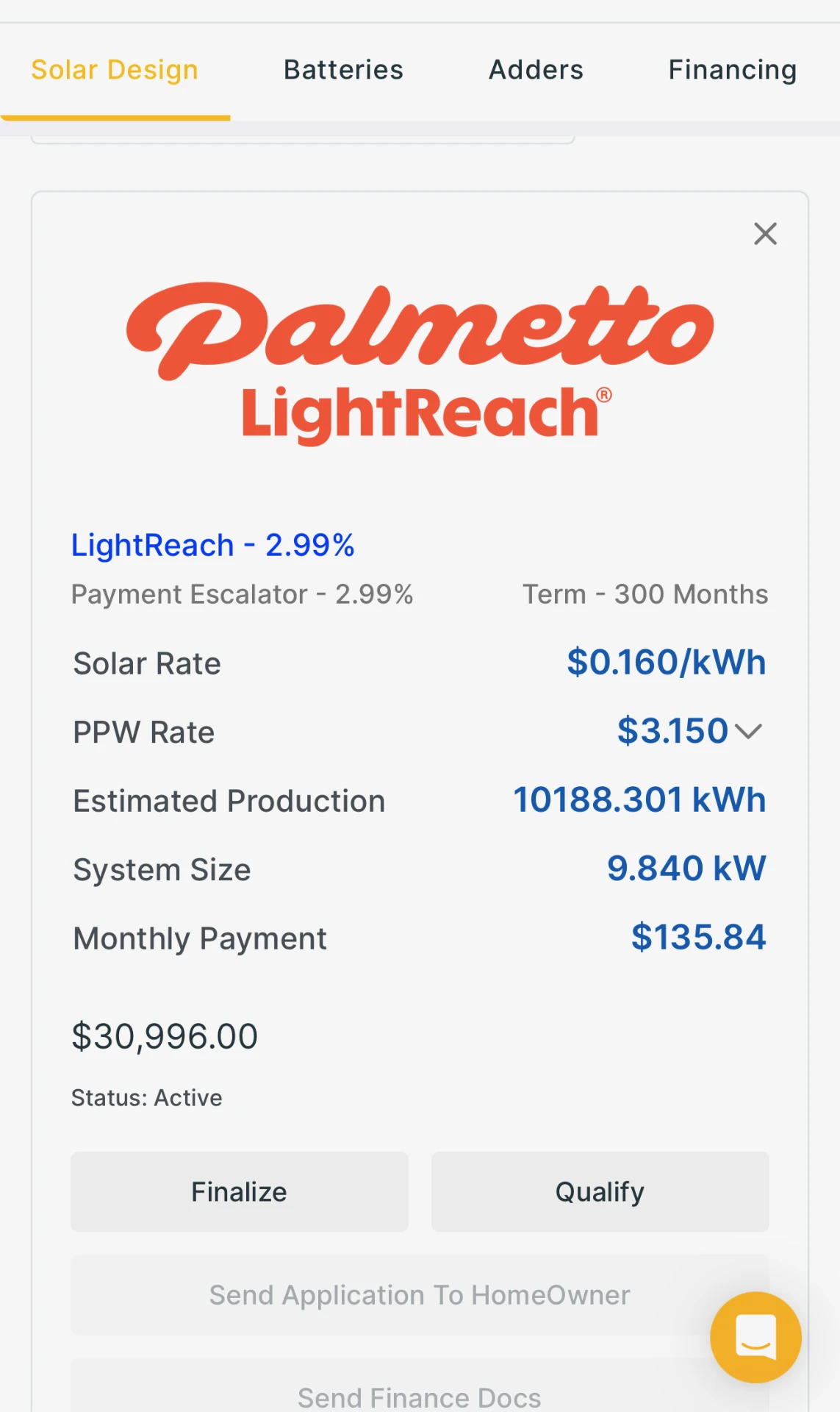 Solar design quote showing a 9.84 kW system with a $135.84 fixed monthly payment